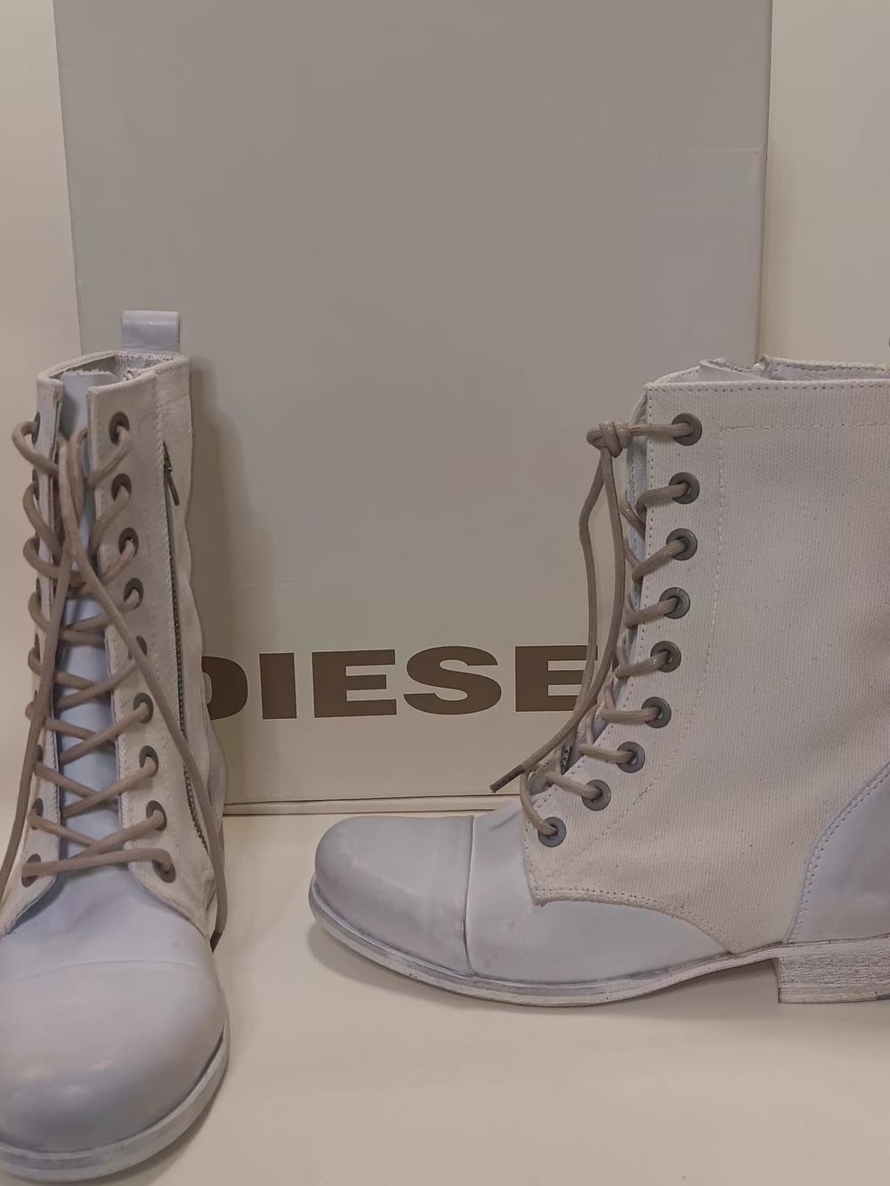 DIESEL Women's White, Leather And Canvas Lace-Up Combat Boots